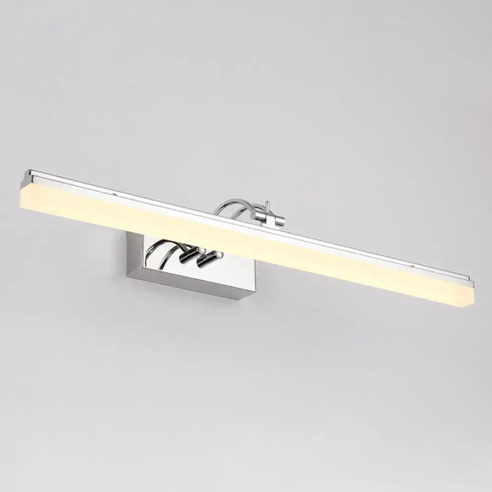 Modern silver linear led wall light with chrome finish acrylic shade emitting warm white light for bathroom use