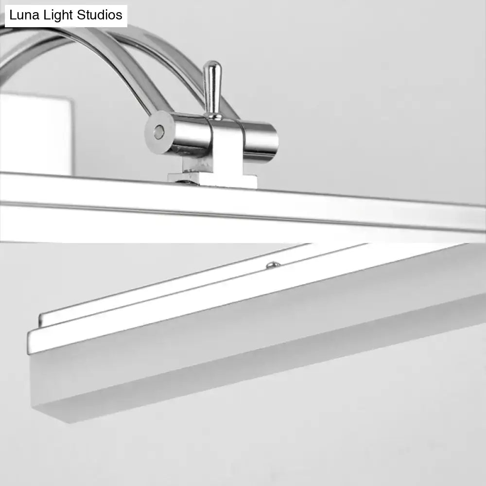Modern silver linear led wall light with warm white acrylic shade and chrome-finished adjustable minimalist design