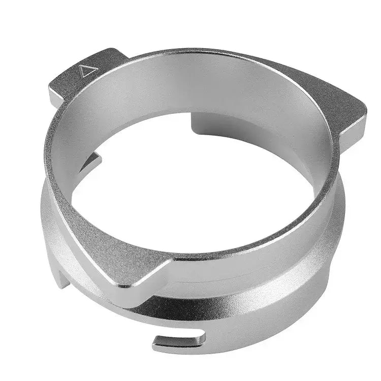 Modern silver machined dosing funnel ring with a matte finish and angular design for coffee tamping use