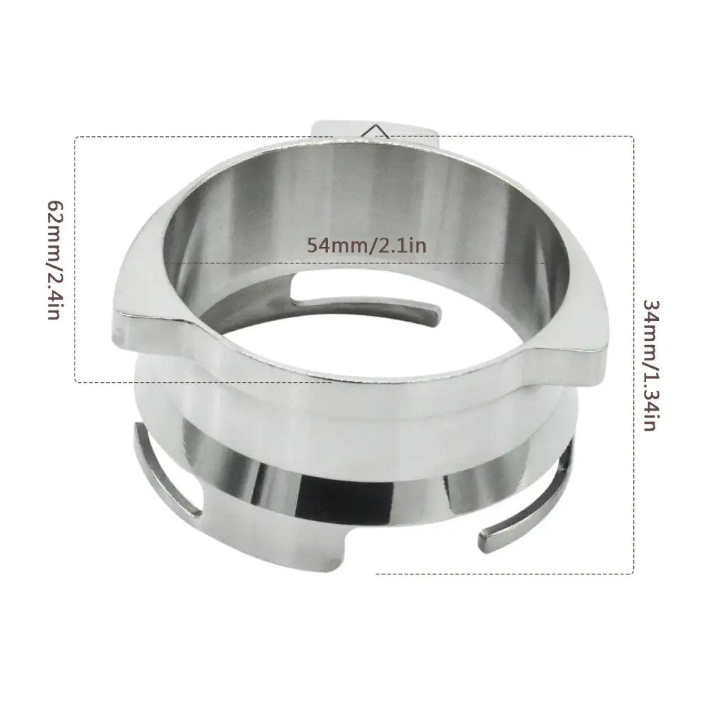 Modern silver machined stainless steel dosing funnel ring with polished finish and precise cutouts for secure fit