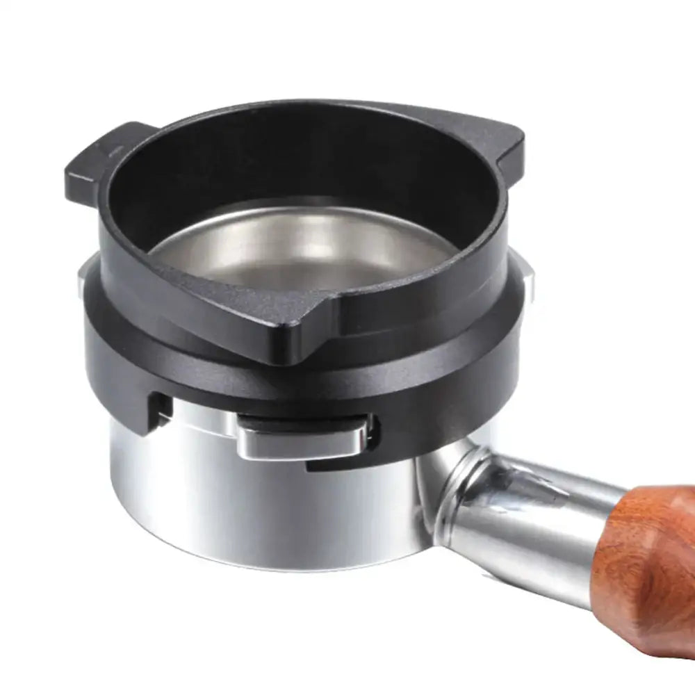 Modern silver machined dosing funnel ring with black plastic and stainless steel espresso portafilter and wooden handle