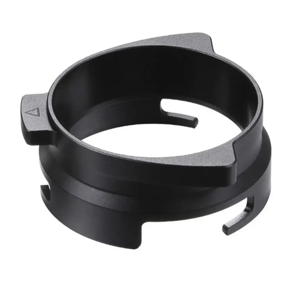 Black plastic coffee dosing funnel ring with triangular indentation and notched edges for securing the filter
