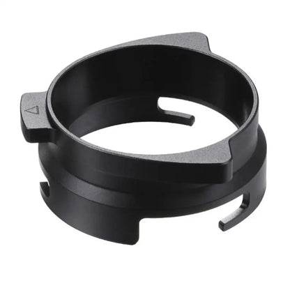 Black plastic coffee dosing funnel ring with triangular indentation and notched edges for securing the filter