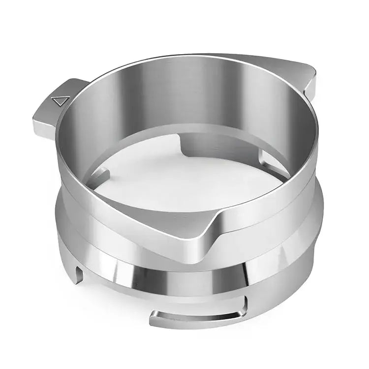 Modern silver machined stainless steel dosing funnel ring with sleek polished finish and ergonomic coffee tamper handle