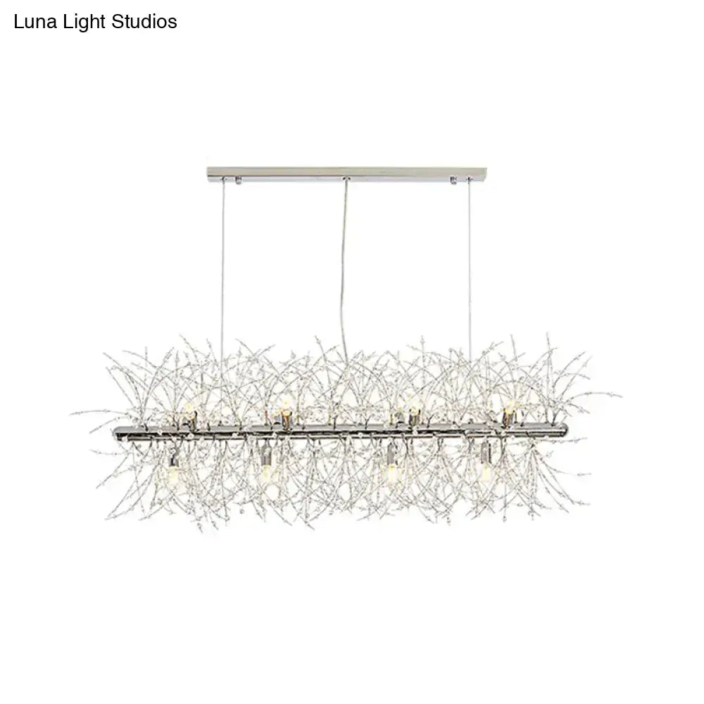 DecorBites™ modern silver metal linear island light with 12 chrome-finished bulbs and crystal accents for dining room