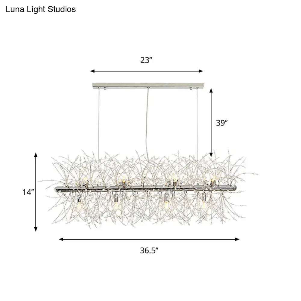Decorbites modern silver metal linear island light with sleek rectangular frame and crystal-like branching arms