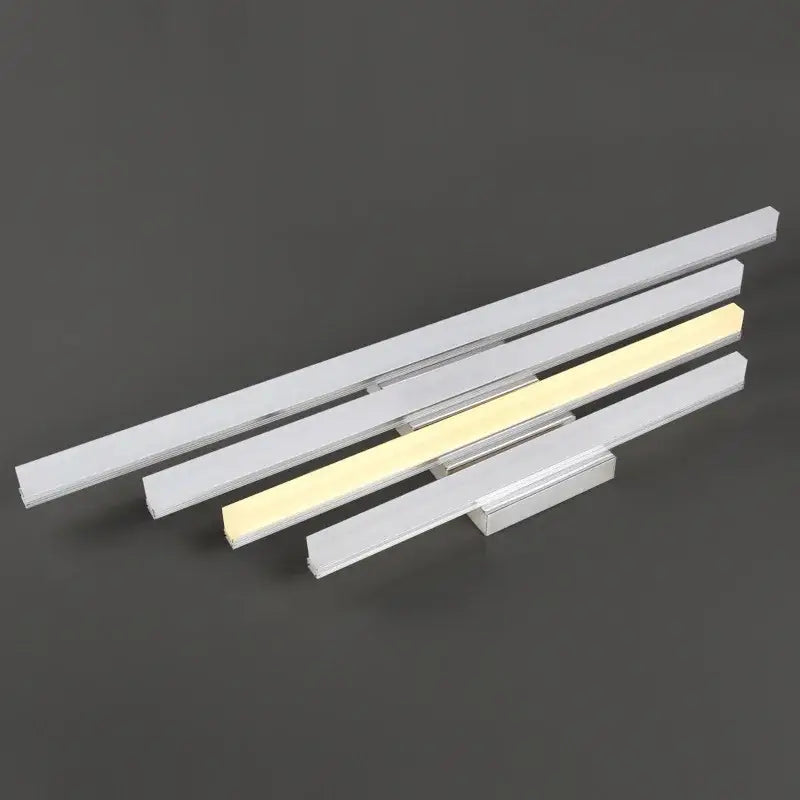 Modern silver minimalist vanity wall light with sleek aluminum housing and warm white led strip illumination