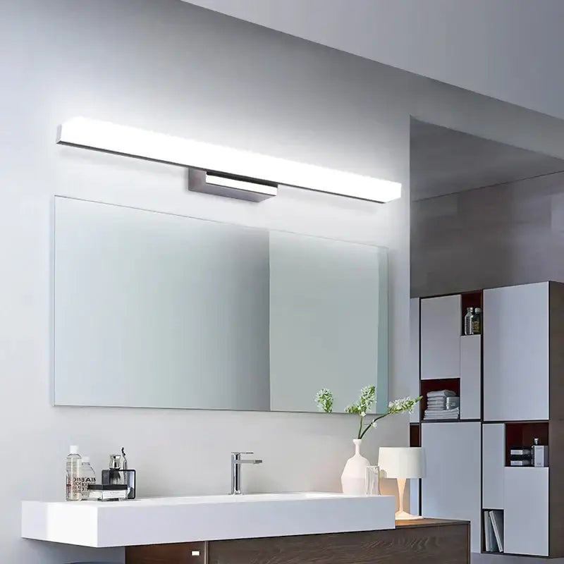 Modern silver minimalist vanity wall light with sleek rectangular led design and metallic finish for bathroom use