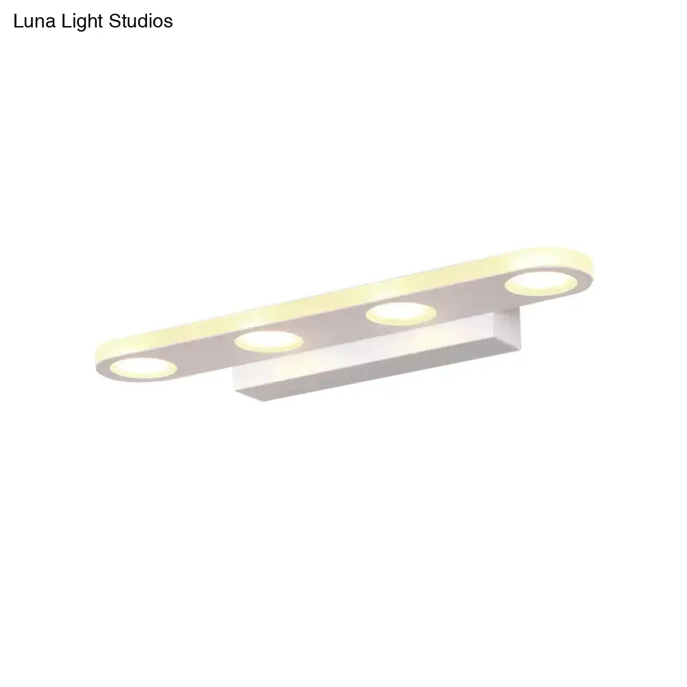 Modern silver oblong acrylic led wall light with three white circular bulbs for bathroom vanity mirror lighting