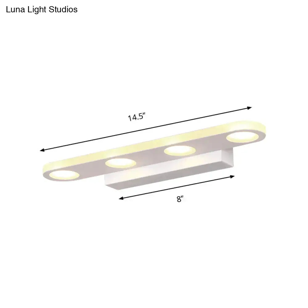 Modern silver oblong acrylic led wall light with three circular white led bulbs for bathroom vanity mirror