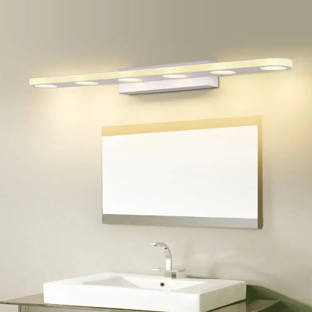 Modern silver oblong acrylic led wall light with four white circular bulbs for bathroom vanity mirror lighting