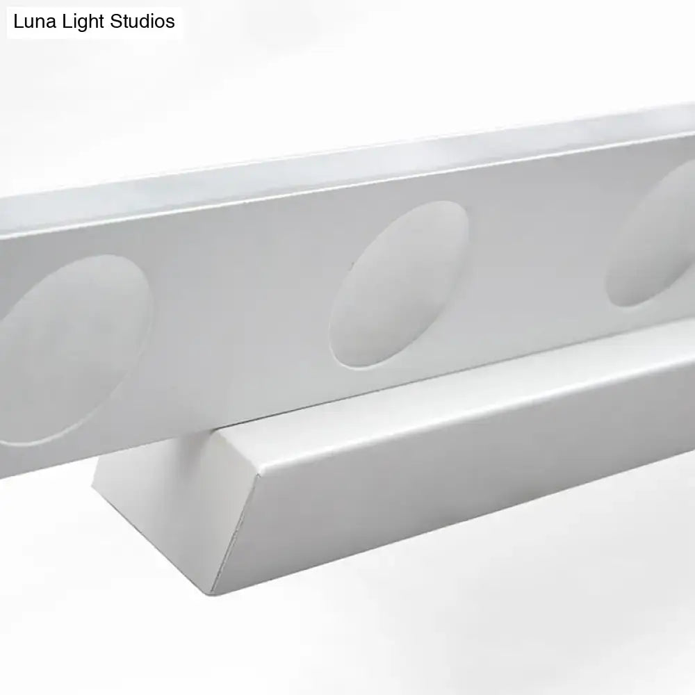 Modern silver oblong acrylic led wall light bathroom vanity mirror featuring a silver metallic channel rail with oval cutouts