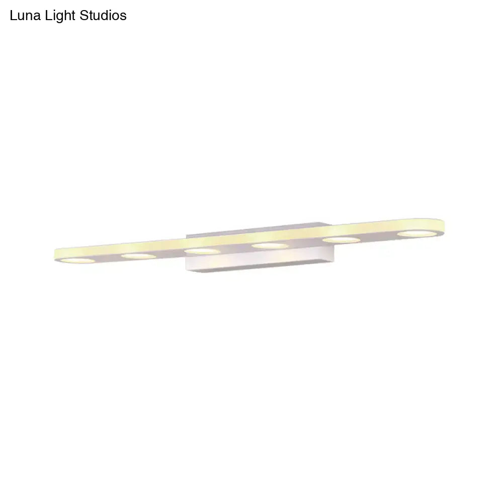 Modern silver oblong acrylic led wall light with five circular white led bulbs for bathroom vanity mirrors