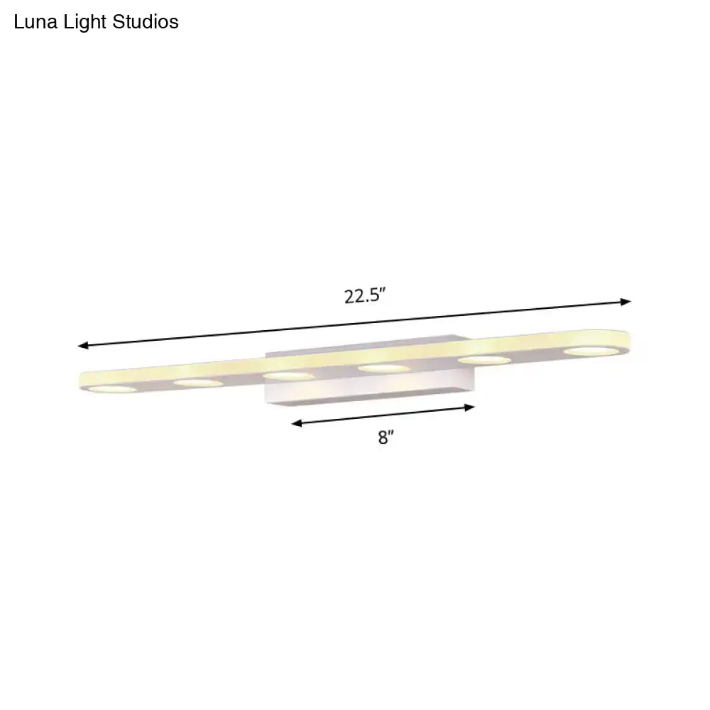 Modern silver oblong acrylic led wall light with five warm white circular bulbs for bathroom vanity mirrors