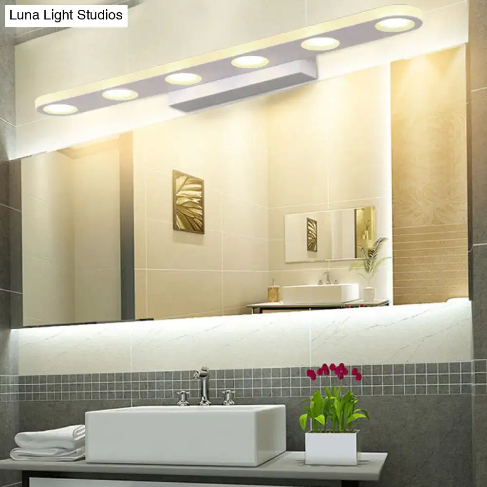 Modern silver oblong acrylic led wall light with five white circular bulbs for bathroom vanity mirror lighting
