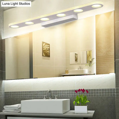 Modern silver oblong acrylic led wall light with five white circular bulbs for bathroom vanity mirror lighting