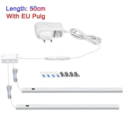Modern silver rectangular led cabinet light with hand sweep switch features slim white strip lights and eu plug adapter
