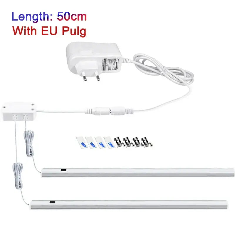 Modern silver rectangular led cabinet light with hand sweep switch features slim white strip lights and eu plug adapter