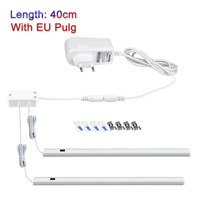 Modern silver rectangular led cabinet light with hand sweep switch featuring white led strip lights eu plug and mounting hardware