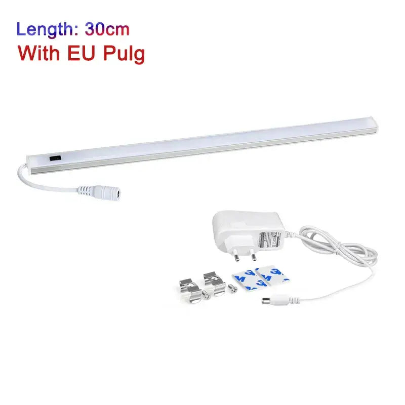 Modern silver rectangular white led cabinet light with hand sweep switch includes eu plug adapter and mounting hardware