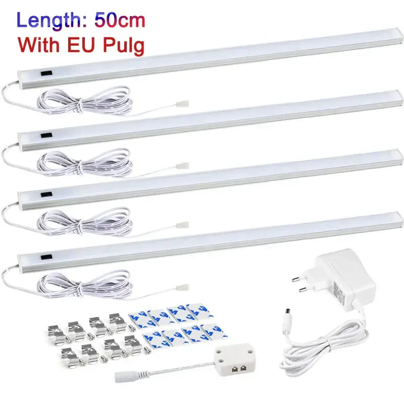 Set of four 50cm white led cabinet lights with hand sweep switch eu plug adhesive strips and mounting clips for kitchen use