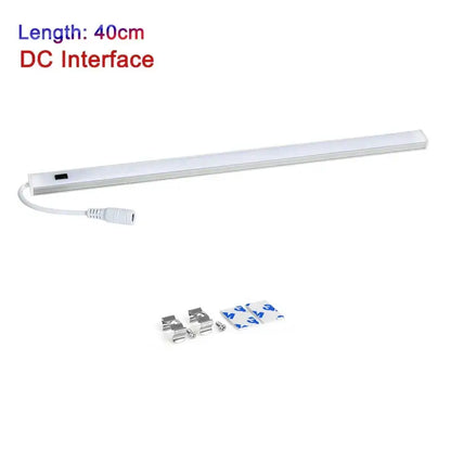 Modern silver rectangular white 40cm led cabinet light with hand sweep switch, dc interface, and mounting hardware
