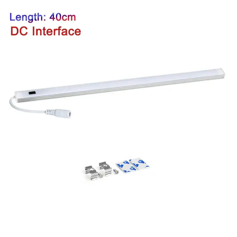 Modern silver rectangular white 40cm led cabinet light with hand sweep switch, dc interface, and mounting hardware