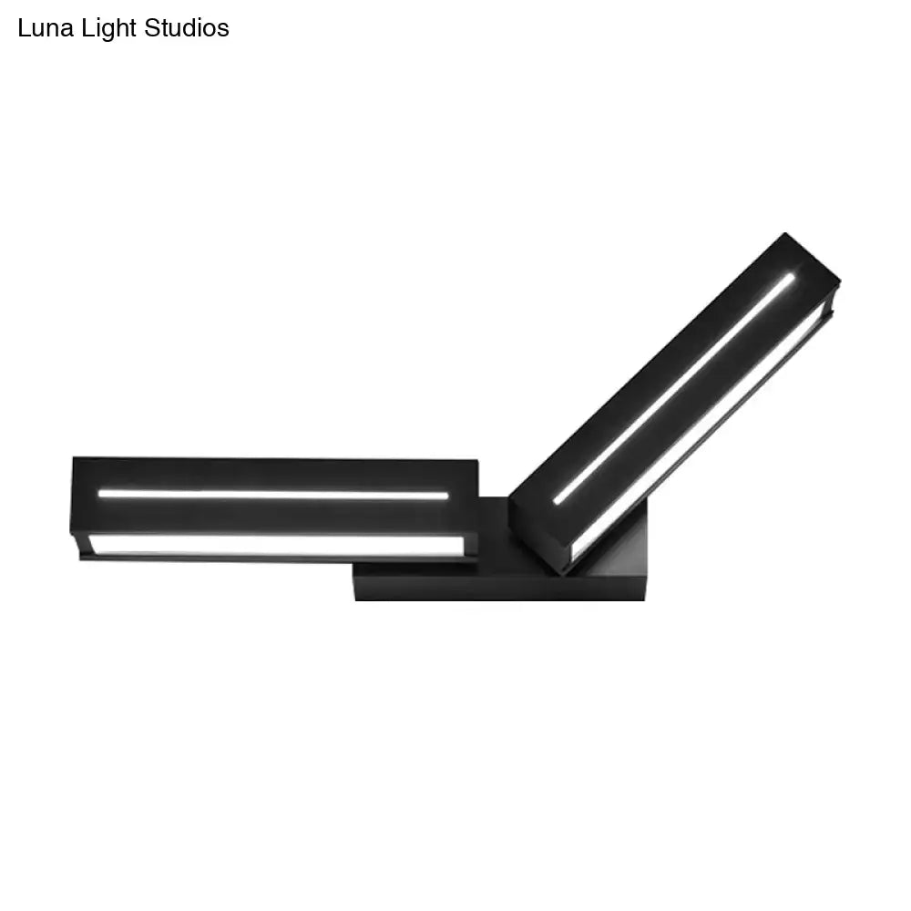Modern black led wall mounted light with sleek rectangular design and two angled light bars for bedroom use
