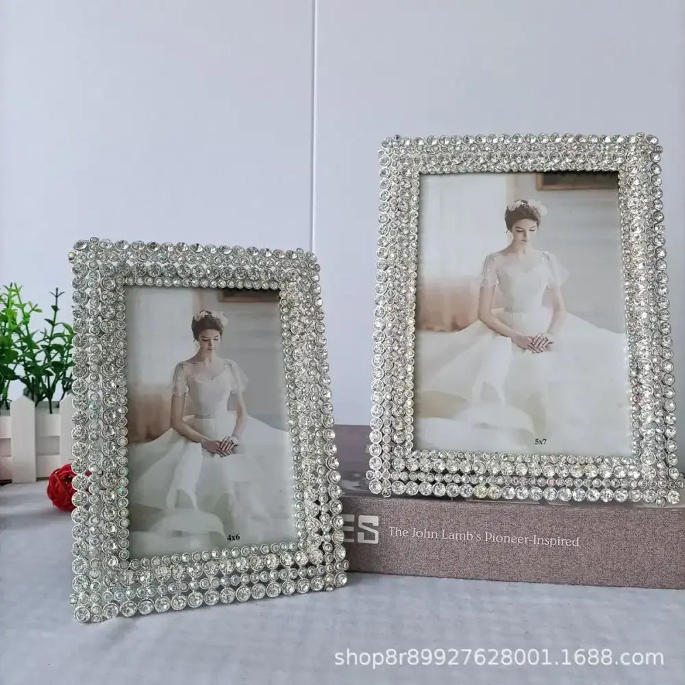 Modern silver rhinestone metal picture frame set featuring rectangular diamond metal picture frames for bedroom decor