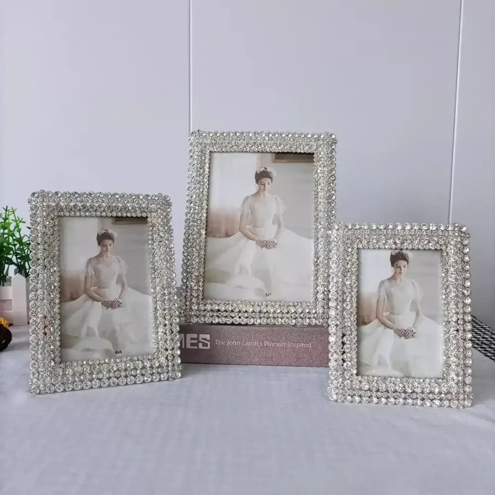 Set of three modern silver rhinestone metal picture frames with sparkling diamond metal picture design for bedroom decor