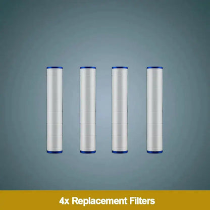 Four cylindrical white replacement water filters with blue caps for the decorbites dual-sided shower head bathroom filter