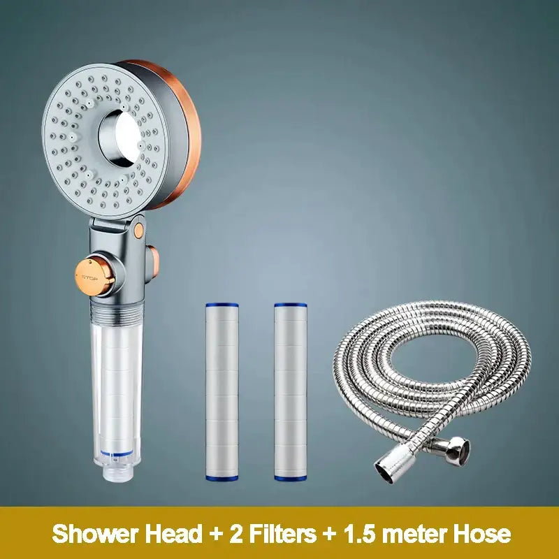 Modern silver and rose gold decorbites dual-sided shower head with circular spray face and transparent filter housing including two filters