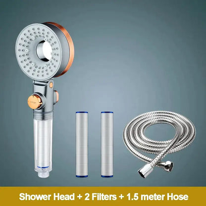 Modern silver and rose gold decorbites dual-sided shower head with circular spray face and transparent filter housing including two filters
