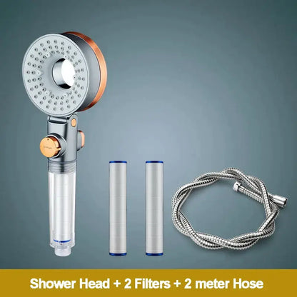 Modern silver and rose gold decorbites dual-sided shower head with circular spray face and dual filter housing and filters