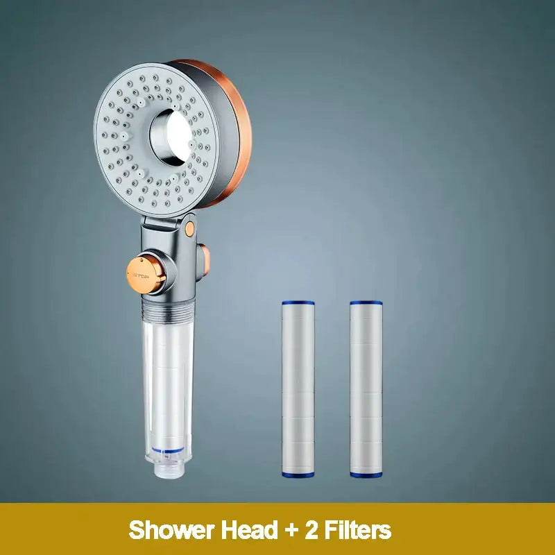 Modern silver and rose gold decorbites dual-sided shower head with chrome and copper finish and clear water filter cartridge