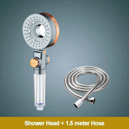 Modern silver and rose gold decorbites dual-sided shower head with chrome copper accents and transparent water filter cartridge