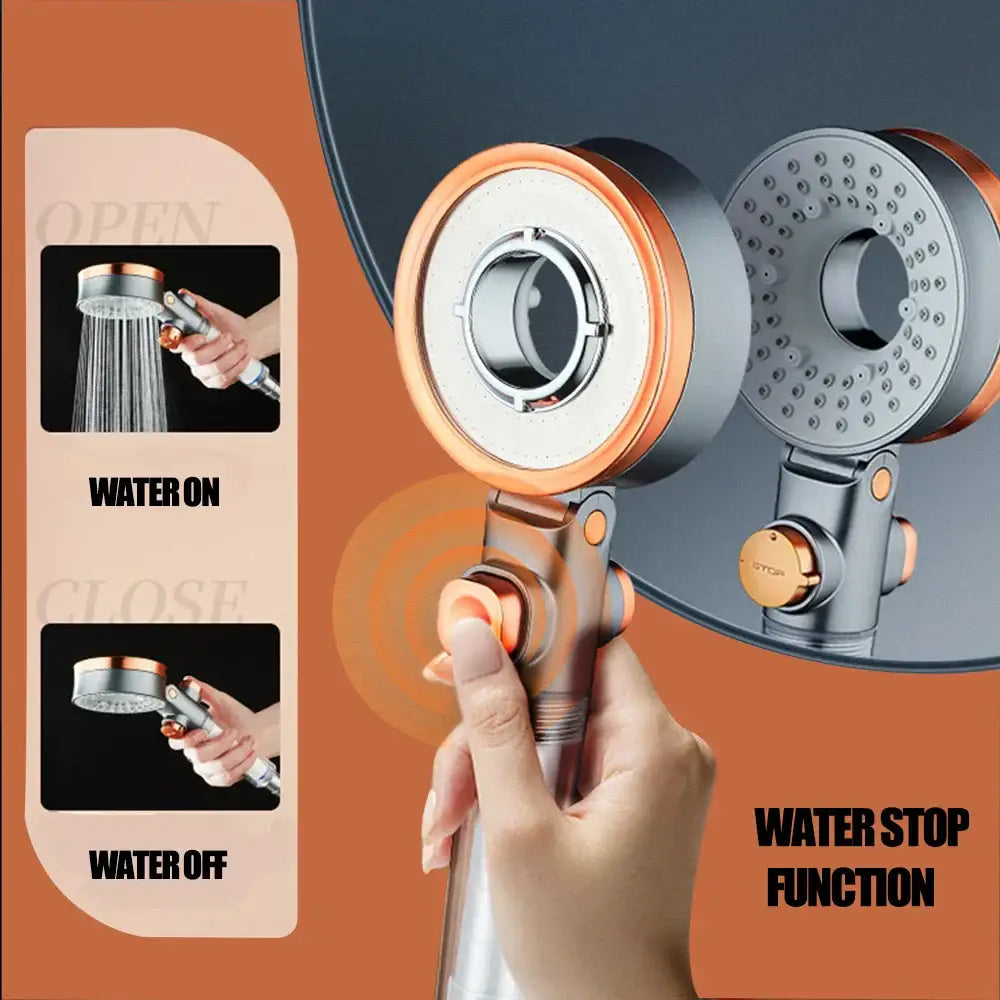 Modern silver and rose gold dual-sided shower head with brushed metallic finish and copper accents by decorbites