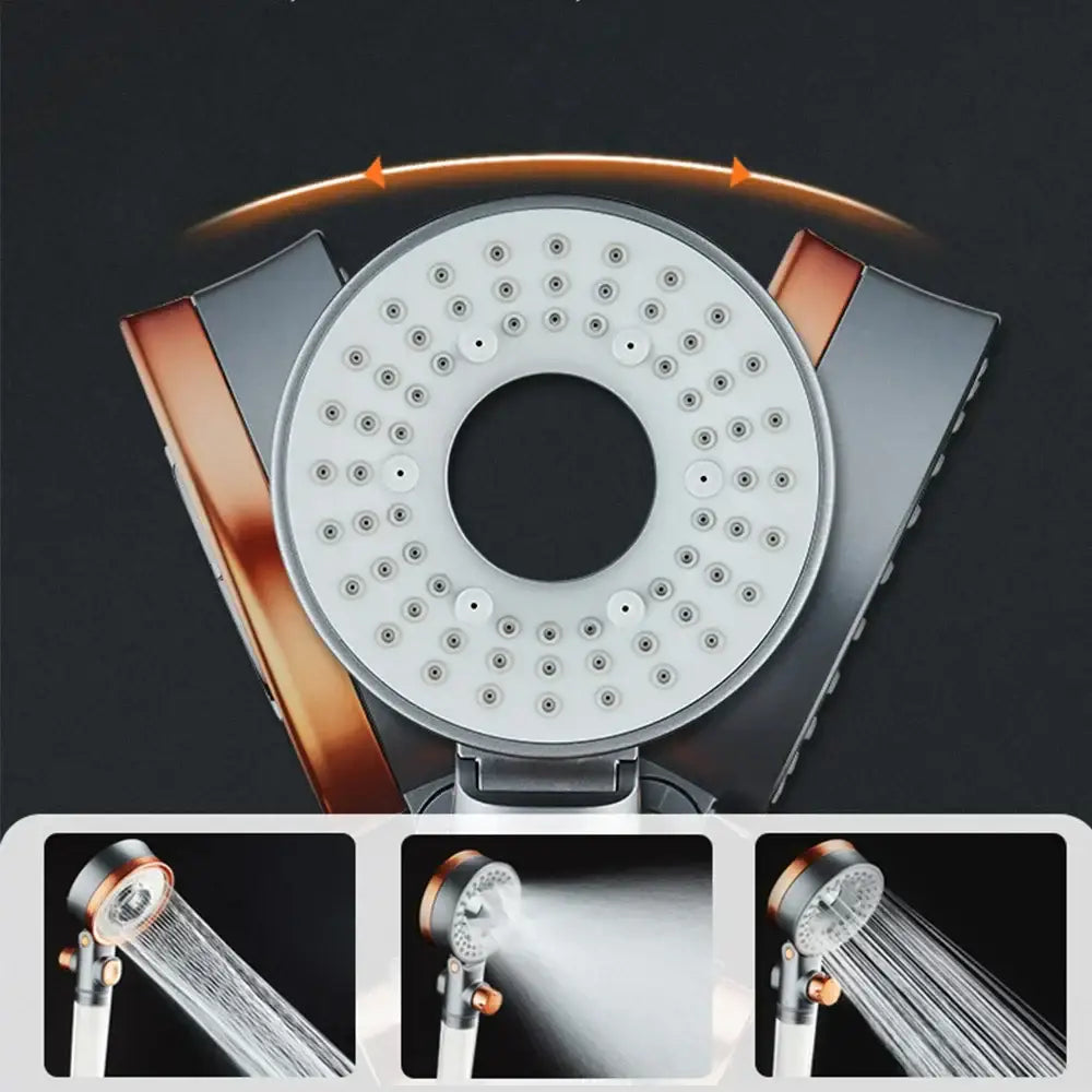Modern silver and rose gold dual-sided shower head with chrome and copper finishes and multiple spray settings by decorbites dual-sided shower
