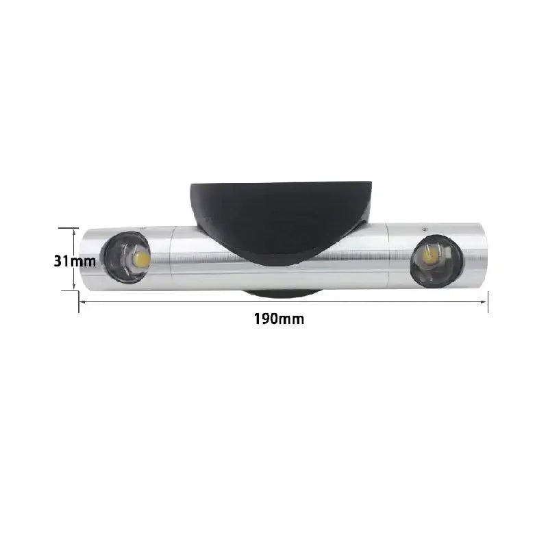 Modern silver rotatable wall lamp featuring dual adjustable cylindrical led bulbs and a black curved decorbites wall lamp center piece