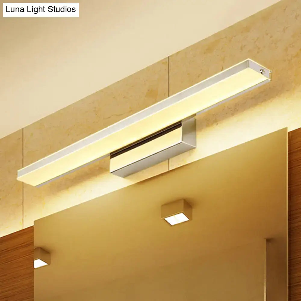 Modern silver slim LED wall sconce bathroom light fixture with sleek white and silver metallic finish and warm white glow
