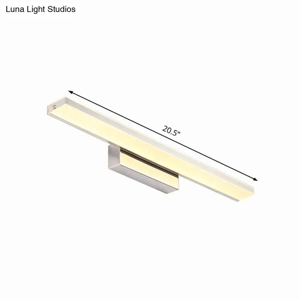 Modern silver slim led wall sconce bathroom light with warm white glow and sleek white brushed metal finish measuring 20.5 inches