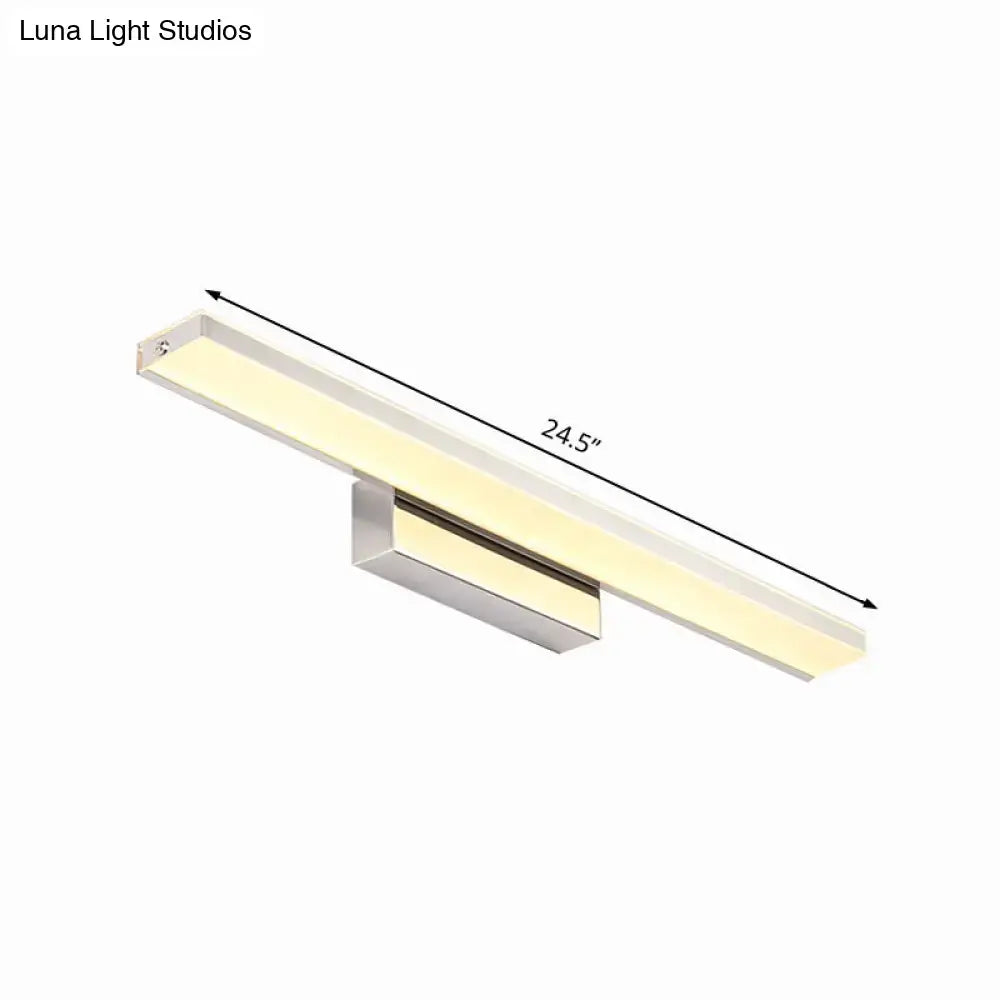 A sleek 24.5-inch modern silver slim led wall sconce with warm white illumination for bathroom use