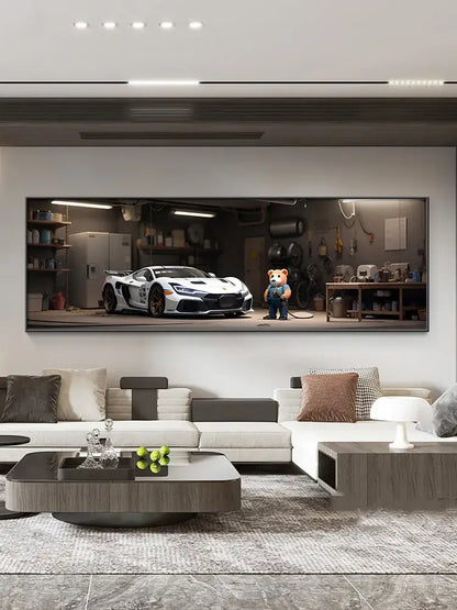 A modern led wall lamp featuring a sleek white sports car with black accents and gold rims in garage art
