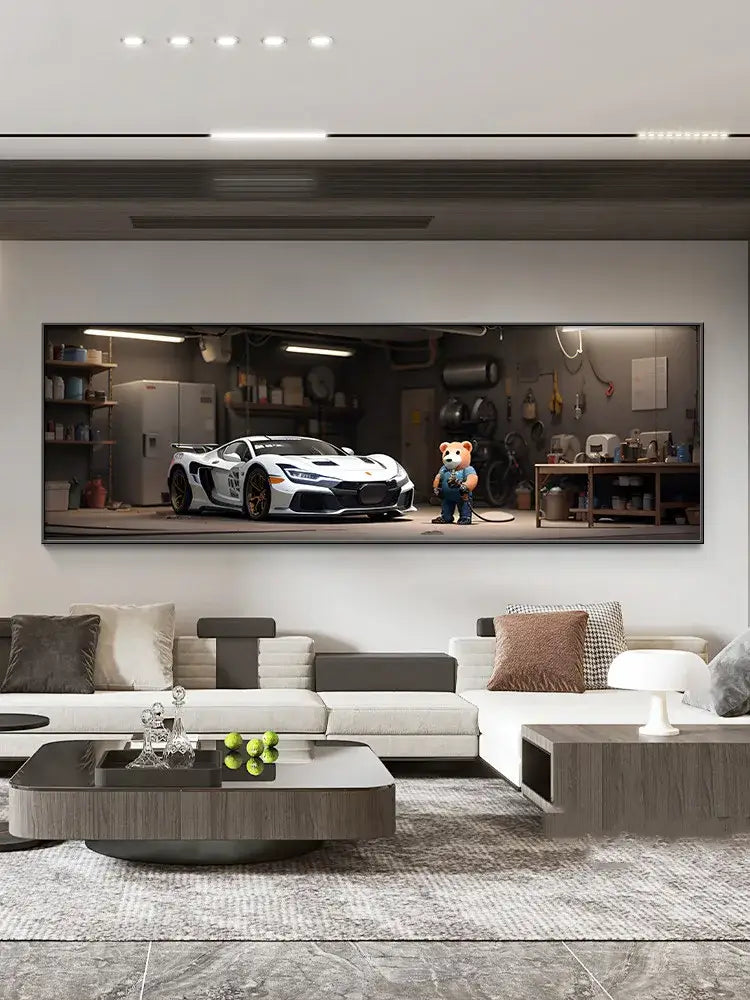 A modern led wall lamp featuring a sleek white sports car with black accents and gold rims in garage art