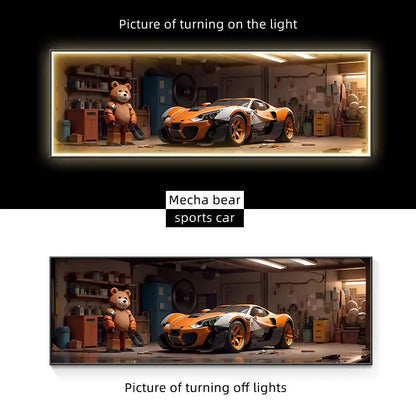 Modern silver led wall lamp featuring an orange and black mecha bear sports car design with gold rims for living room decor