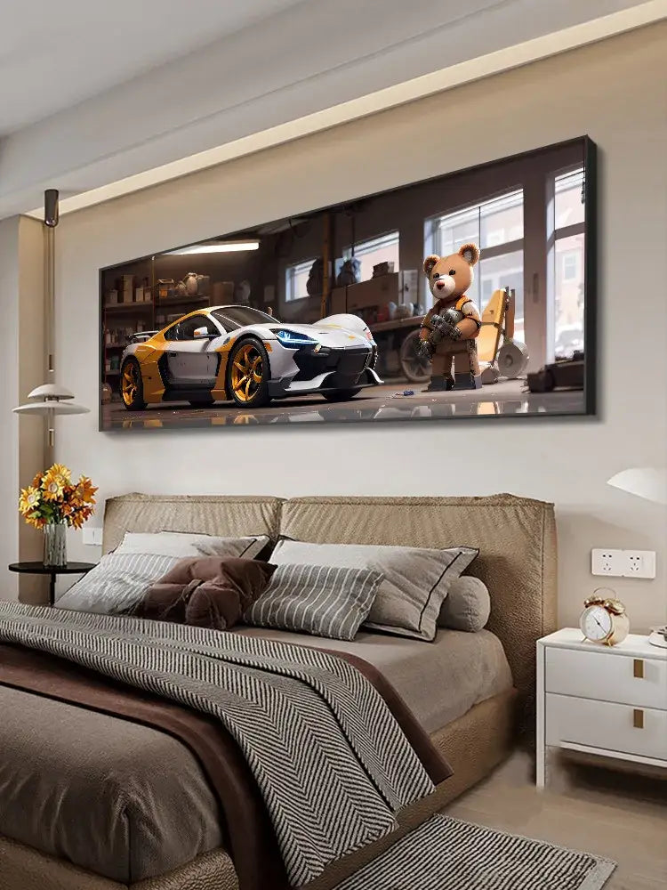 A modern silver led wall lamp features a sleek yellow and white sports car canvas print for living room illumination