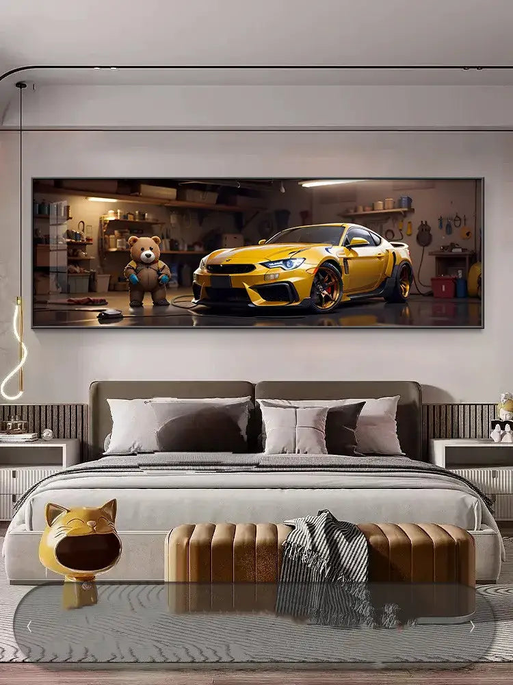 Vibrant yellow sports car on a detailed garage wall mural illuminated by a modern silver led wall lamp for living room