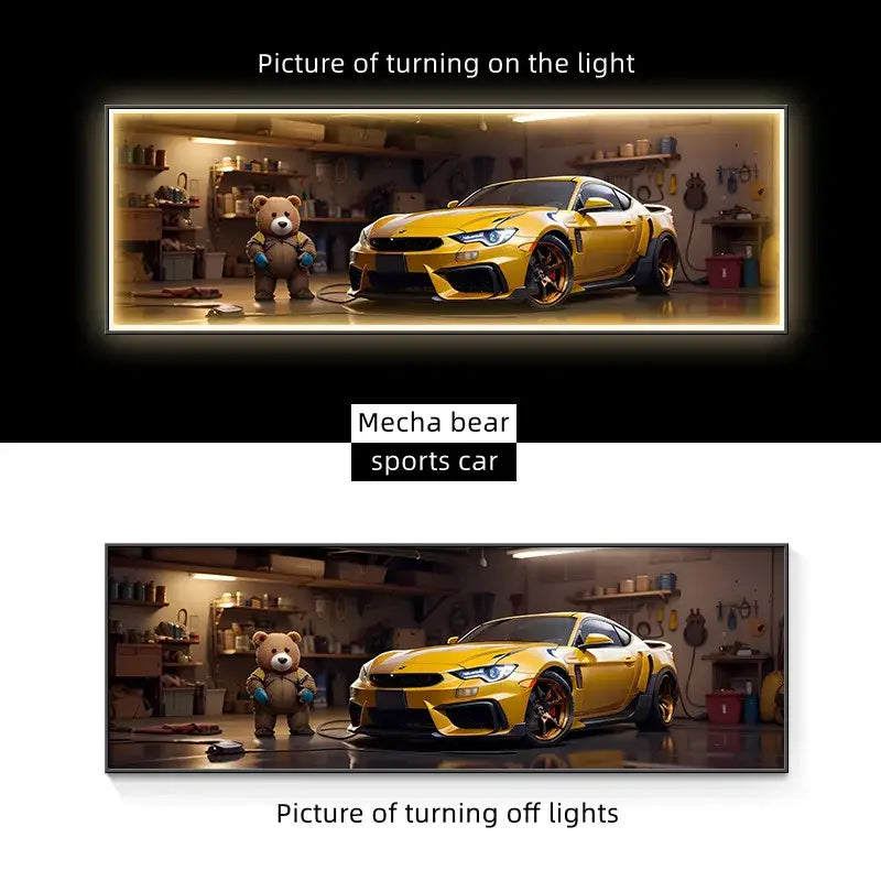A shiny yellow sports car with black rims featured in a modern silver sports car led wall lamp for living room decor