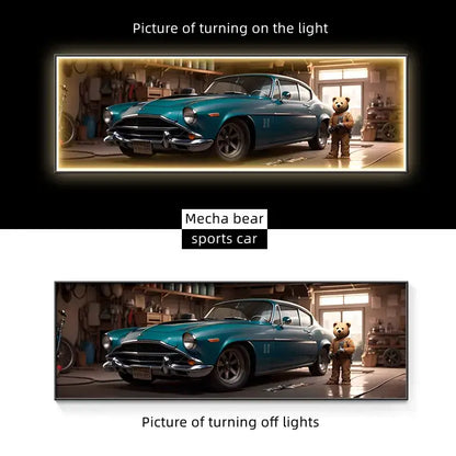 A modern silver led wall lamp with illuminated art of a teal metallic sports car and mecha bear in a living room