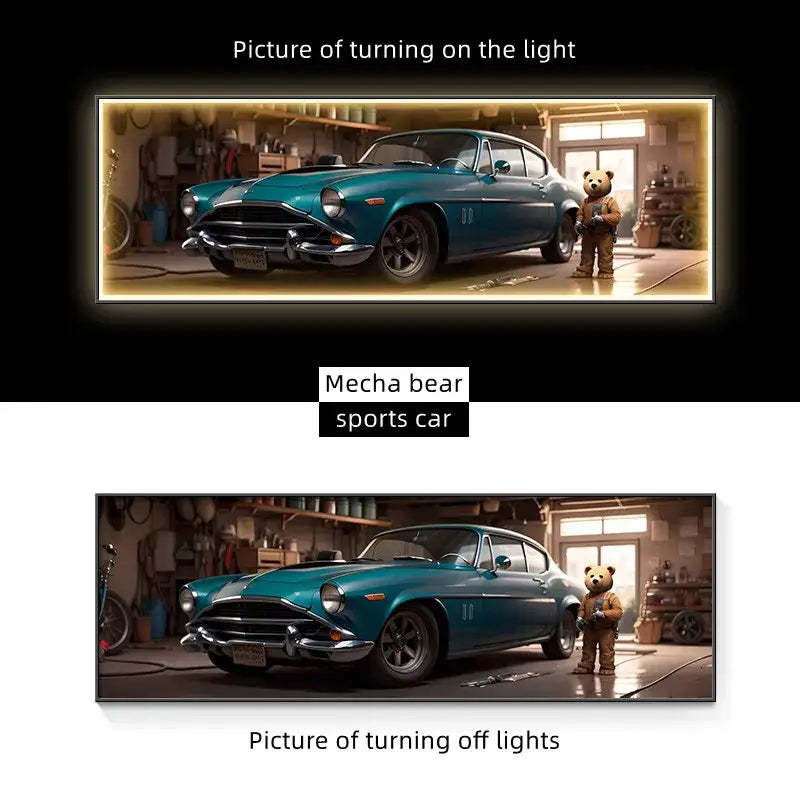 A modern silver led wall lamp with illuminated art of a teal metallic sports car and mecha bear in a living room